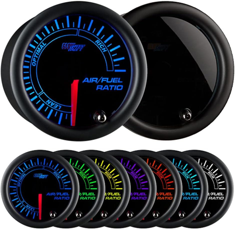 GlowShift Tinted 7 Color Narrowband Air/Fuel Ratio AFR Gauge - Lean, Optimal & Rich Readings - Black Dial - Smoked Lens - 2-1/16" 52mm