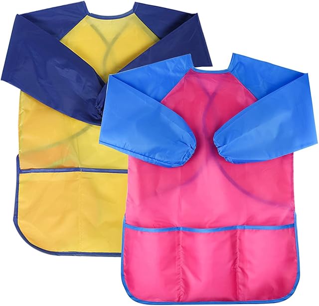 Kids Art Aprons, 2 Pack Kids Aprons for Painting,Waterproof Children Painting Apron with Pockets,For Children Age 3-8 Years Boys & GirlsYellow and Rose