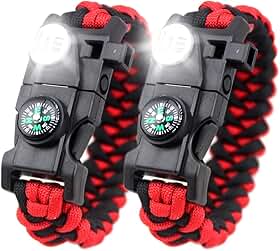 Pulseira Paracord de Sobrevivência com 2 Pacotes - Kit de Equipamento de Emergência com Luz LED SOS, Grau 550, Ajustável, Multiferramentas, Iniciador de Fogo, Bússola e Apito