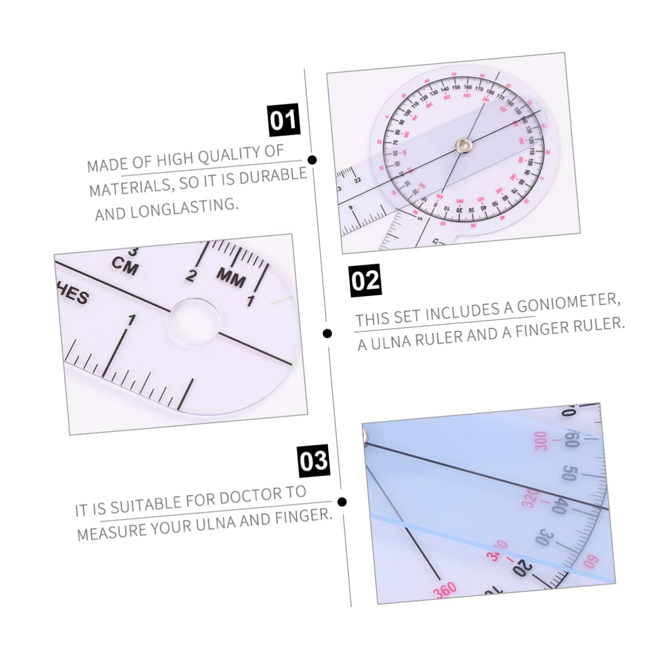 DOITOOL 2 Sets 3 Pcs Goniometer Protractor Measuring Tape Doctors Ulna and Finger