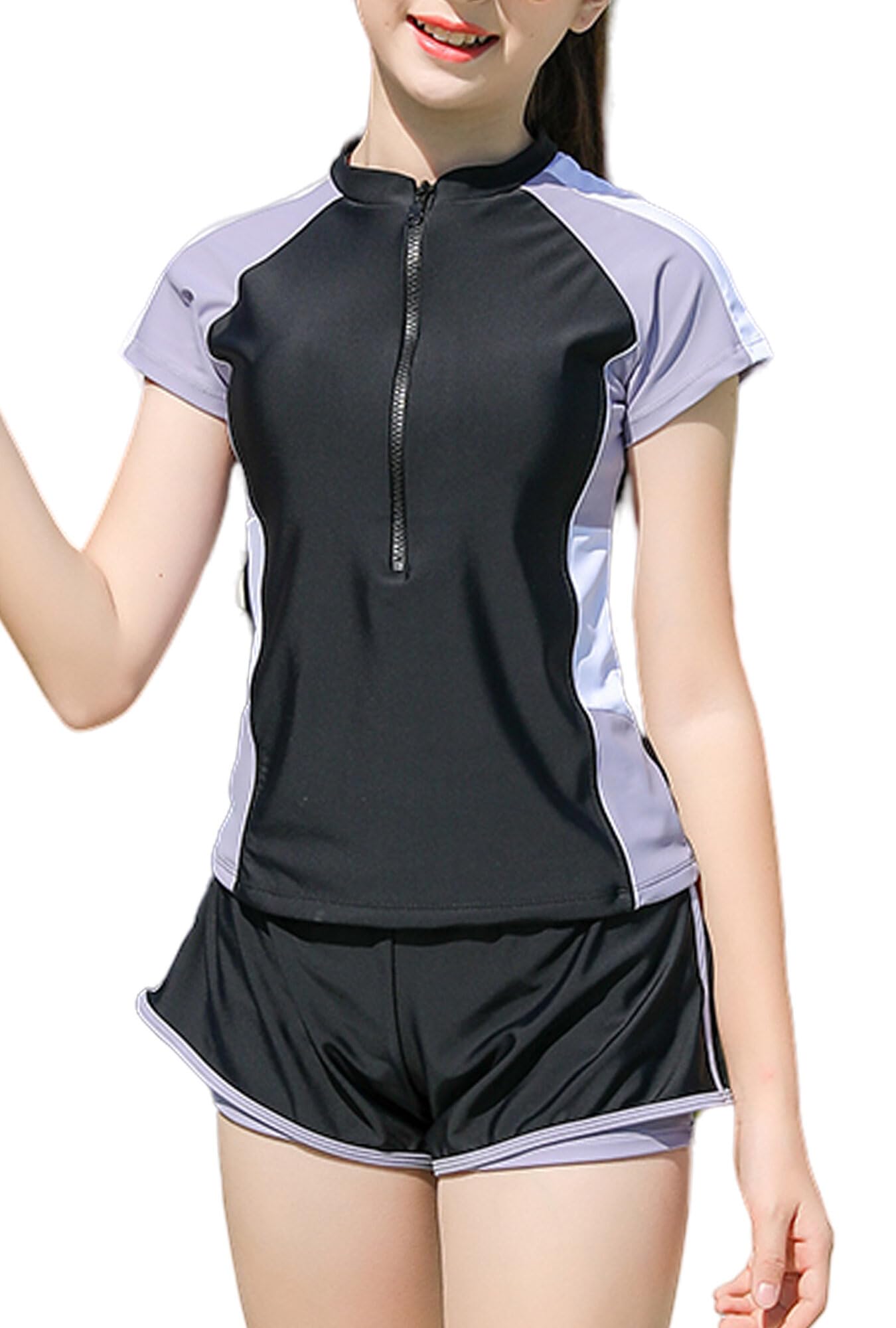 SEAUR Rash Guard Bathing Suit Kids Two Piece Swimsuit Short Sleeve Swimming Suit Swim Top and Shorts Swim Shirt Teen Girl Zip Up Swimwear 14-16T