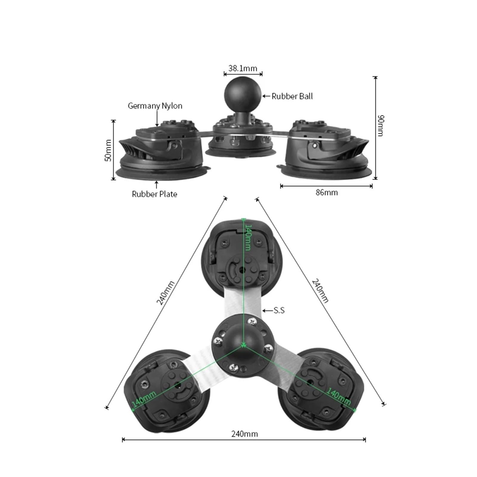 elevador de succión, Ventosa triple con bola de 1,5" / 38 mm, base de montaje for automóvil resistente con 3 ventosas compatible