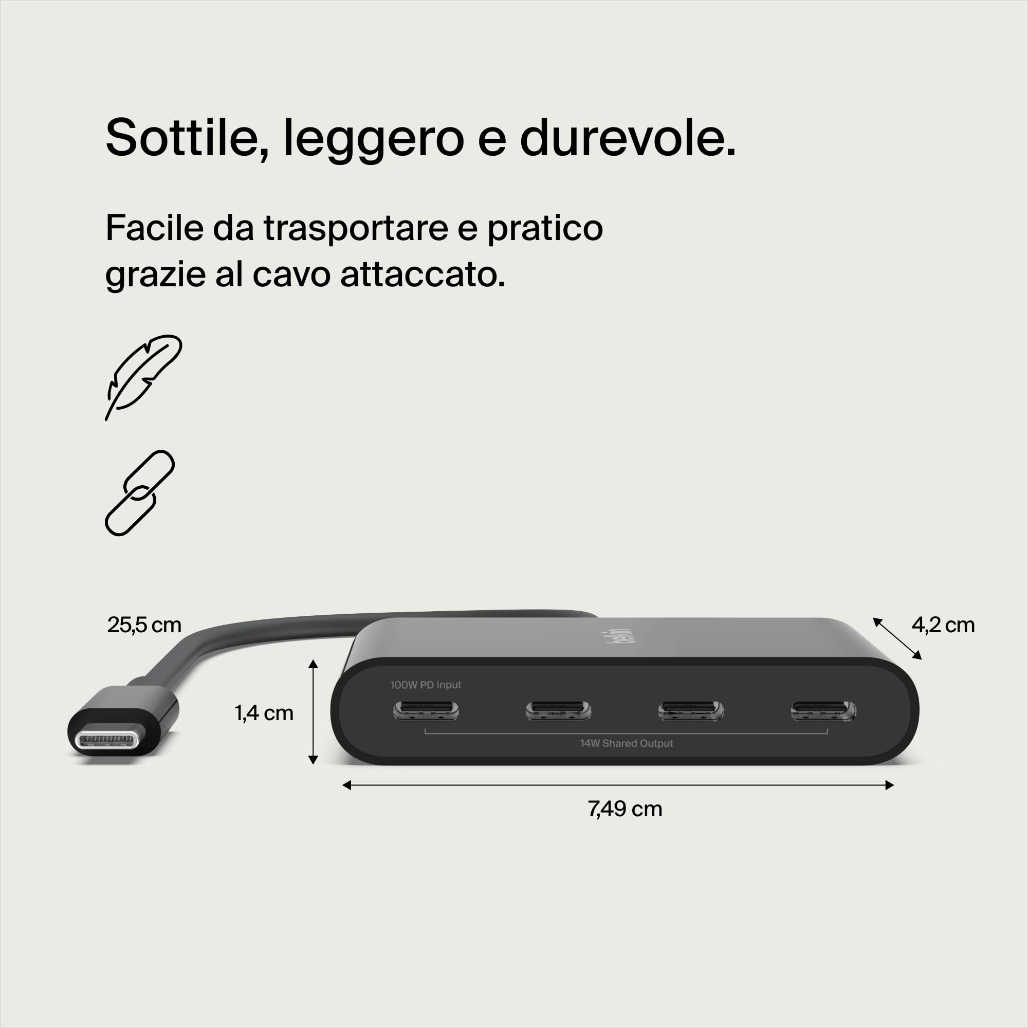 Belkin CONNECT Hub da USB-C™ a 4 porte USB-C, adattatore multiporta con 4 porte USB-C 3.1 Gen 2 e PD fino a 100 W con velocità dati di 10 Gbps, per MacBook, iPad, Chromebook, PC e altri dispositivi