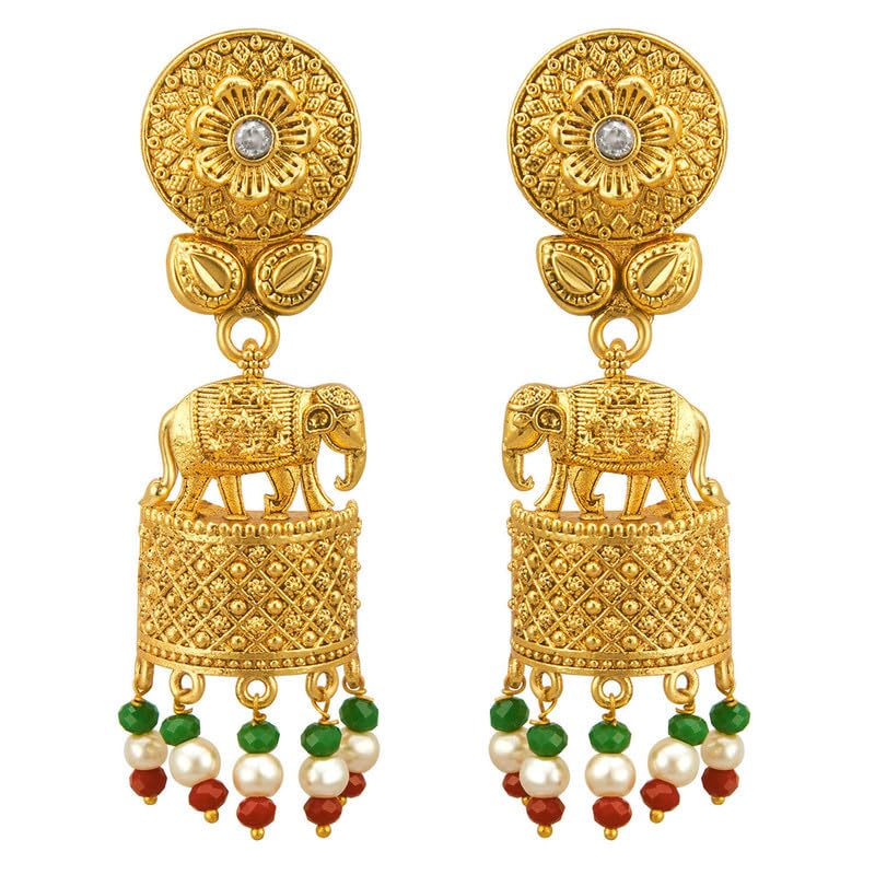 Aheli Elegante tono oro realizzato etnico festivo festa di nozze indossare collana girocollo Jhumki orecchini set per donne indiane gioielli di moda tradizionali, Metallo