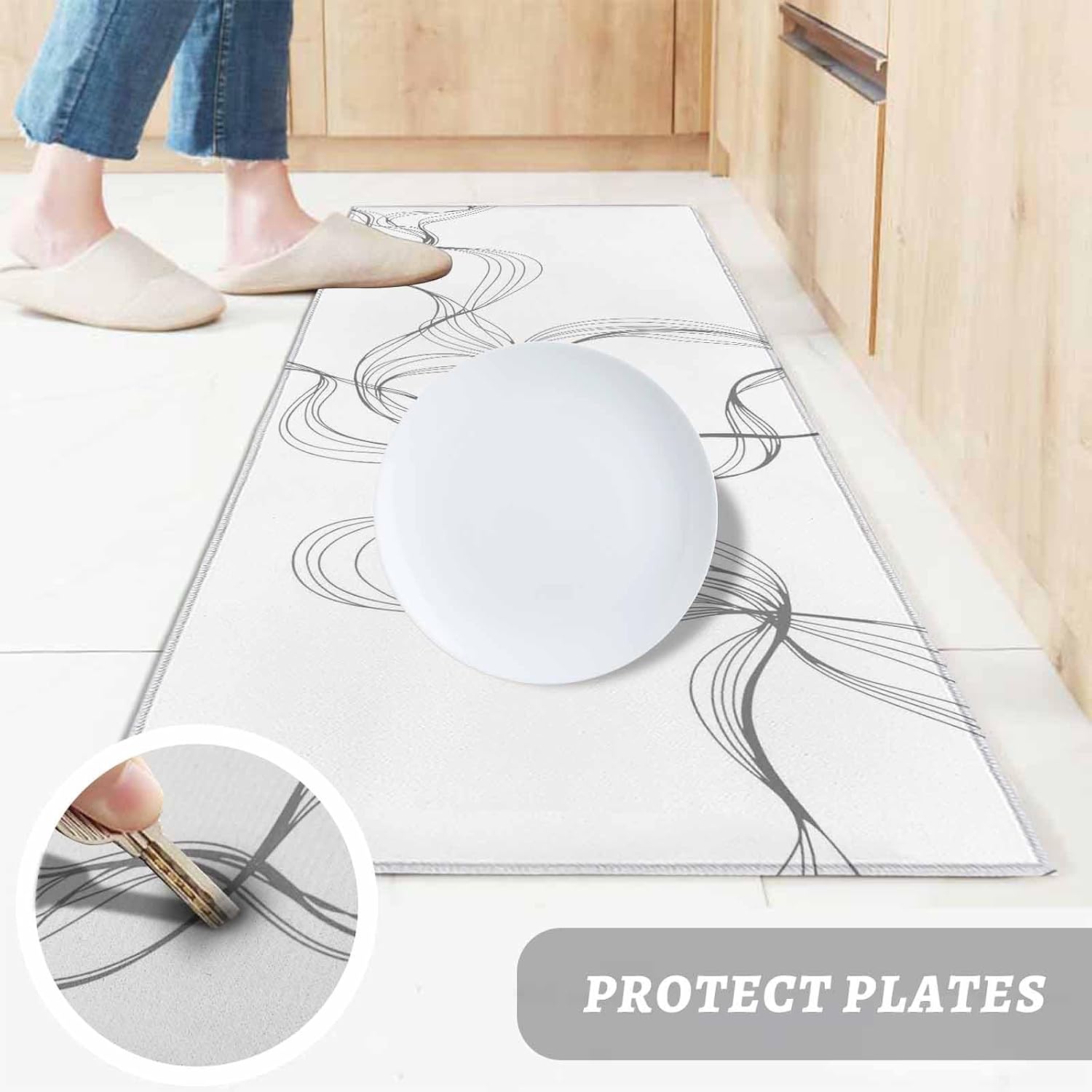 Teamery Kitchen Mats for Floor Abstract Minimalist Line on White Washable Non Slip Kitchen Rugs 1PCS, Modern Art Absorbent Standing Mats for Sink Bathroom Office Living Room 15.7x47.2in