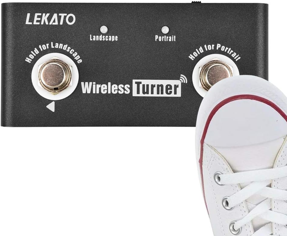 Top view of LEKATO Wireless Page Turner Pedal showing Landscape and Portrait mode indicators.