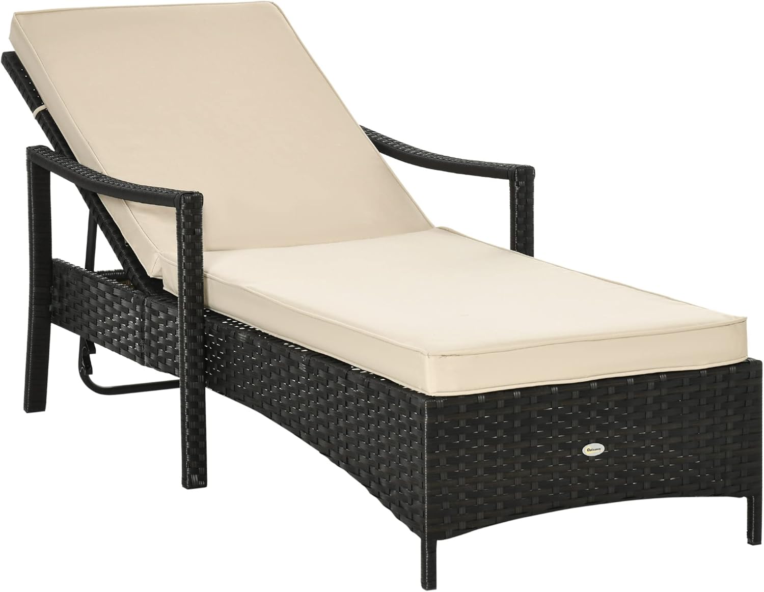 Outsunny Wicker Chaise Lounge, 4 Position Adjustable Backrest and Cushions Outdoor Lounge Chair PE Rattan Sun Lounger for Poolside, Balcony or Garden, Beige