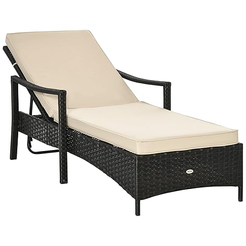 Outsunny Wicker Chaise Lounge, 4 Position Adjustable Backrest and Cushions