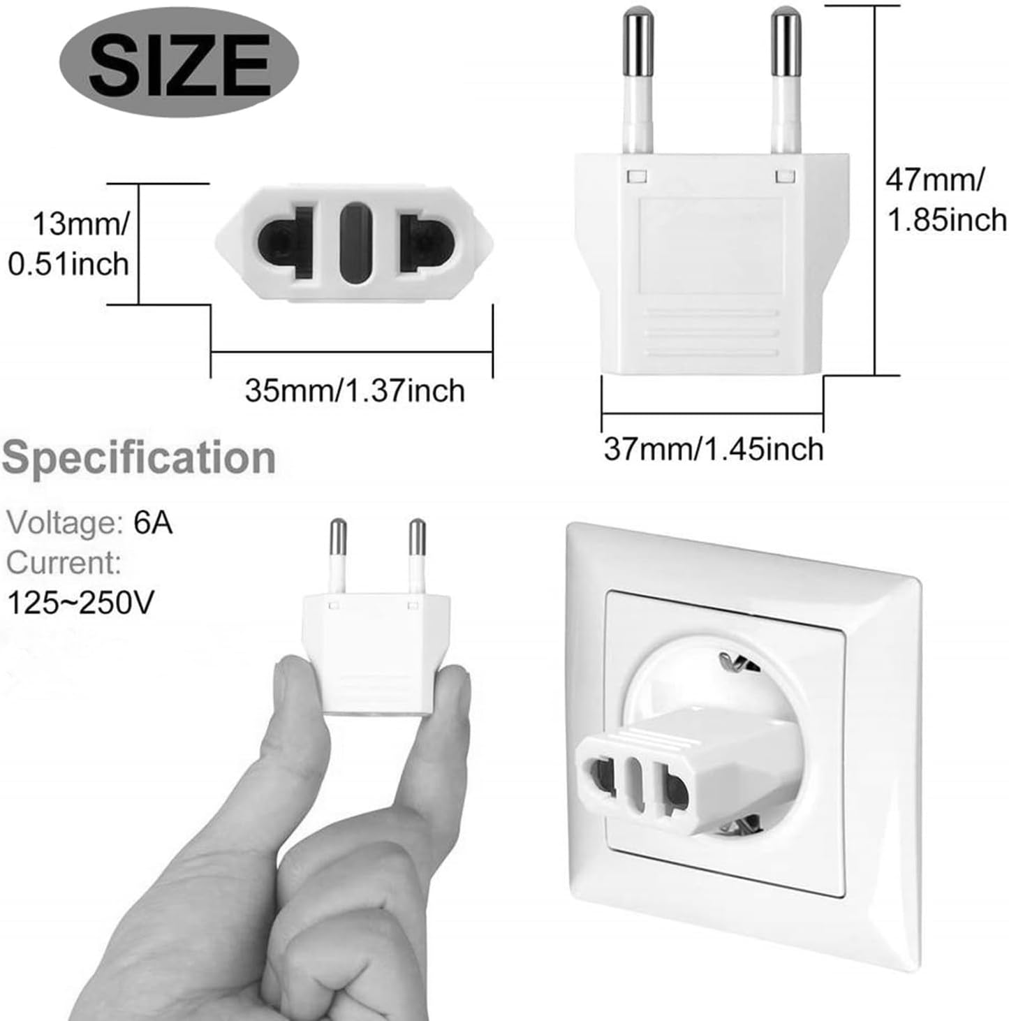 GRLRCR 3 Pack Europe Travel Plug Adapter, US to EU Plug Adapters Type C, Power Converter for US America Canada Mexico to EU France Germany Italy Spain Outlets, 250V (White)