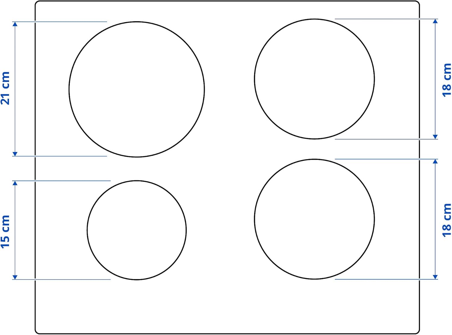 Diagram showing the layout and dimensions of the cooking zones on the ProTuning TREVLIG Induction Hob