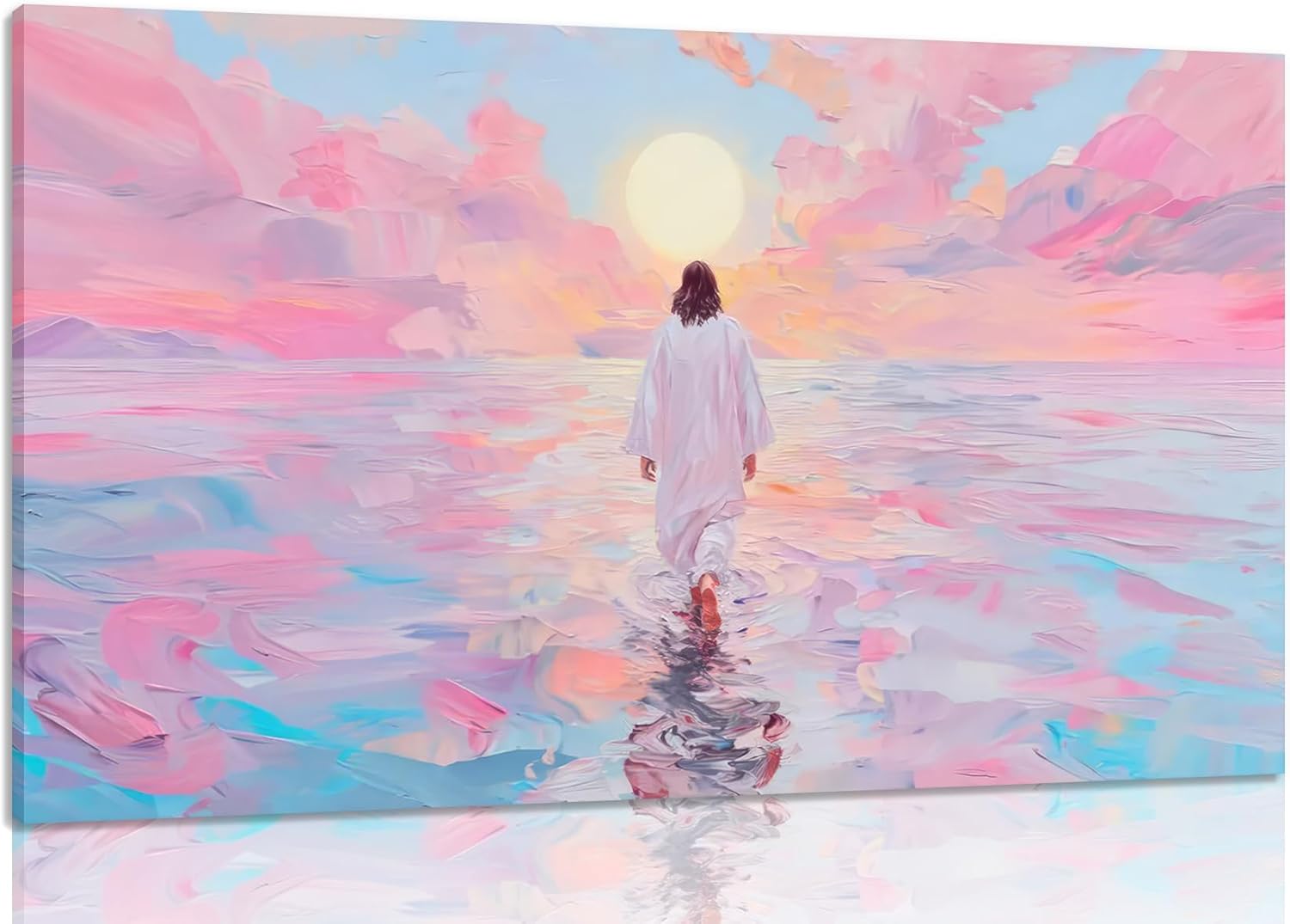 Jesus Canvas Wall Art Pink Jesus Walks on Water Canvas Paintings Prints Religious Savior Wall Decor Christian Bible Stories Poster printing Artwork for Living Room Bedroom Church Decoration 24x16 in