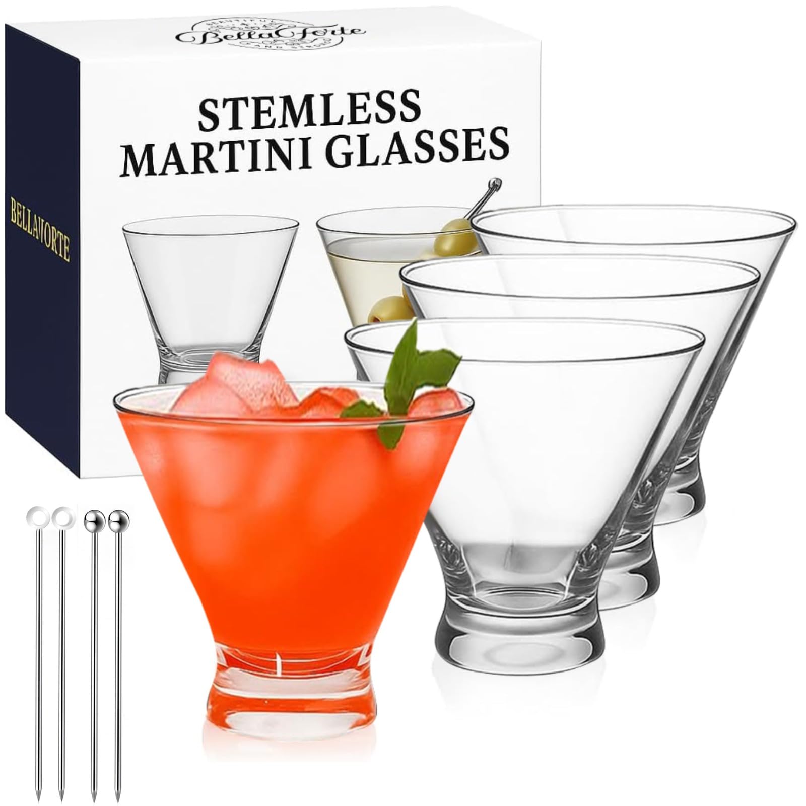 BELLAFORTE Set di 4 bicchieri da Martini in plastica senza stelo, infrangibili da 290 ml, infrangibili e lavabili in lavastoviglie, bicchieri da Martini trasparenti riutilizzabili, per uso interno ed