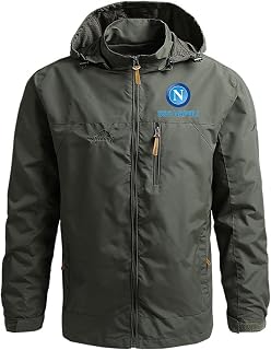 RILIPU Men's Casual Hooded Jacket SSC Neapel Print Jackets Leisure Windbreaker Weatherproof Coat Stand Collar Coat Multi Pockets Jacket