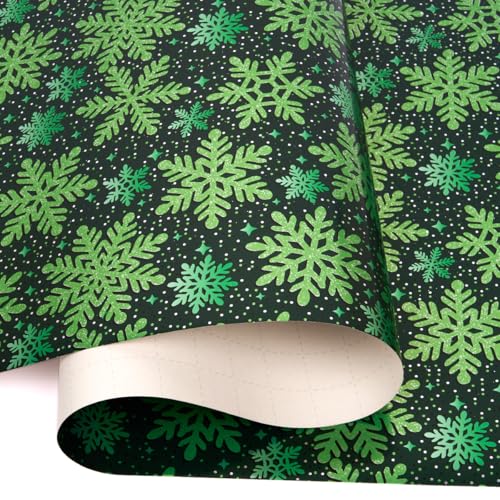 10 m grünes Geschenkpapier, 43 cm, schwarzes Weihnachtspapier mit glänzendem Schneeflocken-Print für Weihnachts- und Geburtstagsgeschenke
