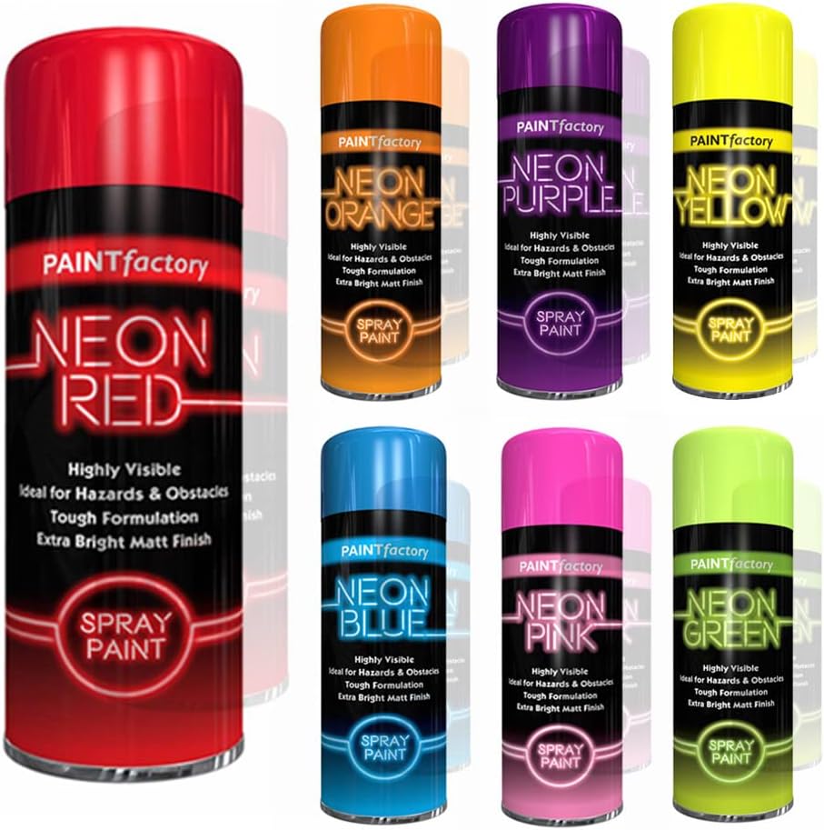 7x Neon Spray Paint Aerosol DIY Graffiti Extra Bright Assorted Colours Paint Blue Green Orange Pink
