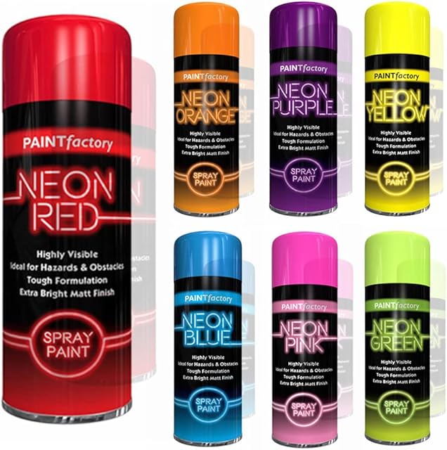Classic Signature 7 x Fluorescent Bright Neon Spray Paint Aerosol DIY Graffiti Extra Bright Assorted Colours Paint Blue Green Orange Pink Yellow Red Purple 200ml
