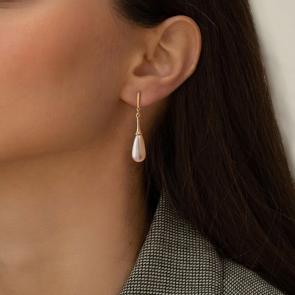 Pearl Earrings: 14k Gold-plated Dainty Pearl Drop Dangle Huggie Hoop Earrings for Women - Image 3