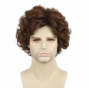 Topcosplay Brown Wigs for Men Short Curly Fluffy Cosplay Halloween Character Costume Wig Layered