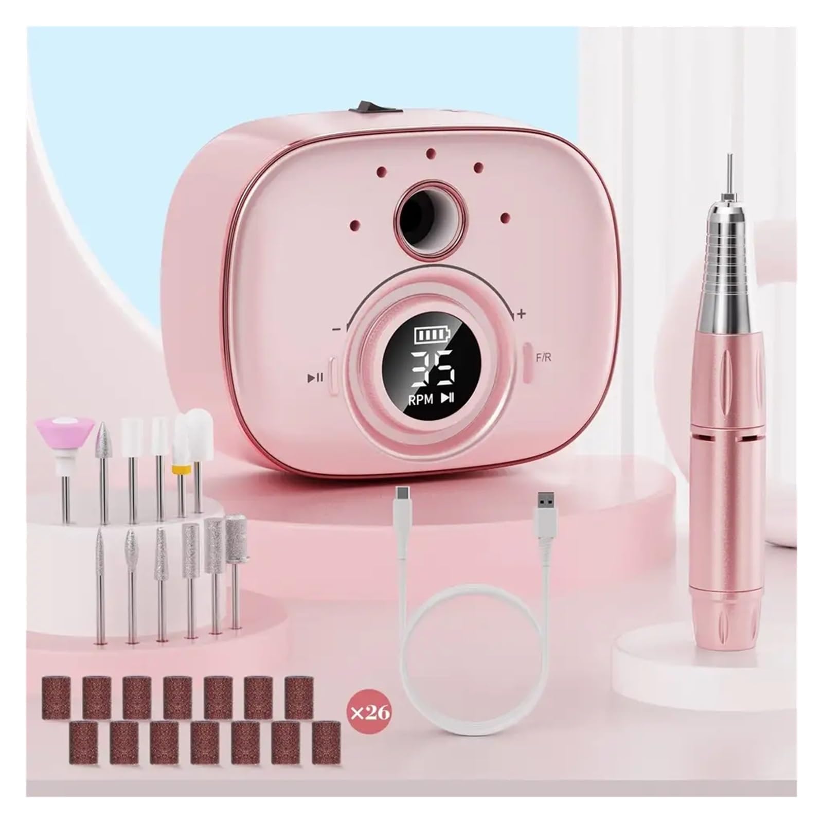Frezarka do paznokci, Elektryczny pilnik do paznokci do paznokci akrylowych, elektryczna maszyna do manicure, przenośny frez(Pink)