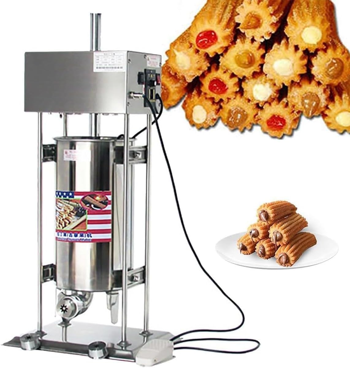 Commercial Manual Vertical Spanish Churro Machine,15L Heavy Duty Electric Churro Maker,Stainless Steel Churros Machine with 5 Nozzles, for Restaurants and Bakeries, Business or Home Use