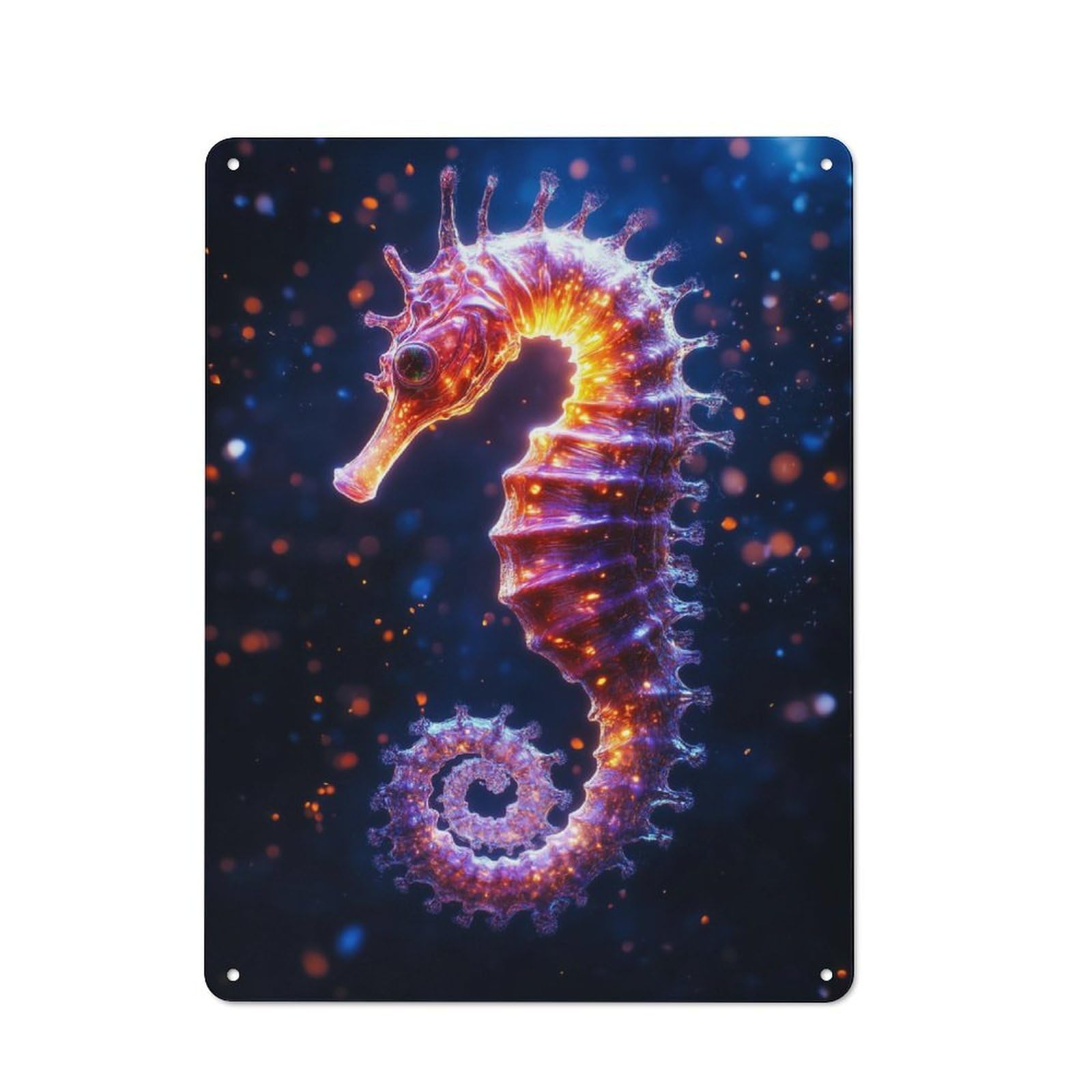 Tin Sign with Glowing Seahorse Design 40x30cm, Weathered Look Industrial Wall Art for Workshop, Basement, Shed Or Games Room