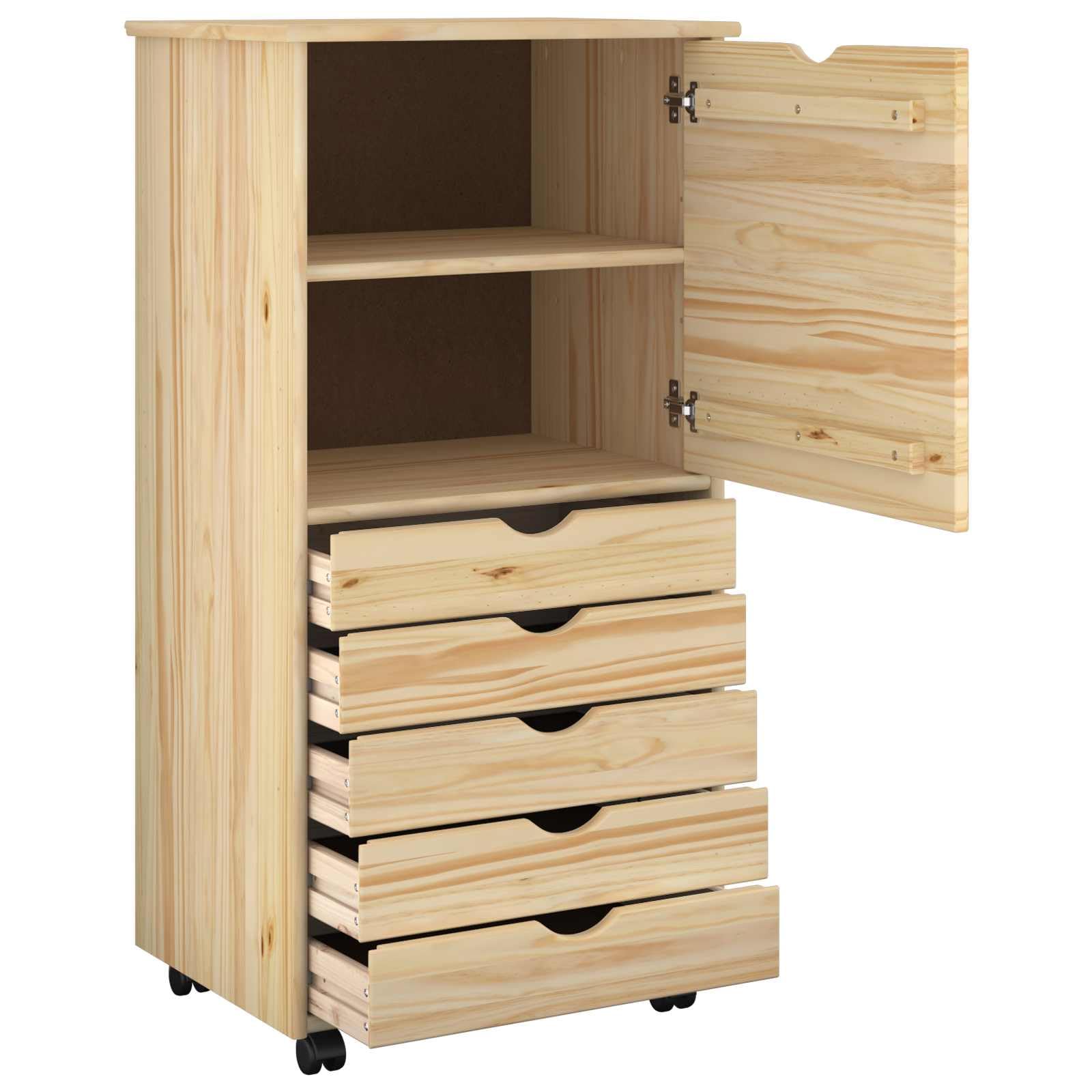 Armadio con ruote marrone in legno massello di pino 53 x 39 x 103 cm con 5 cassetti e mensola per ufficio, officina, guardaroba e spazio