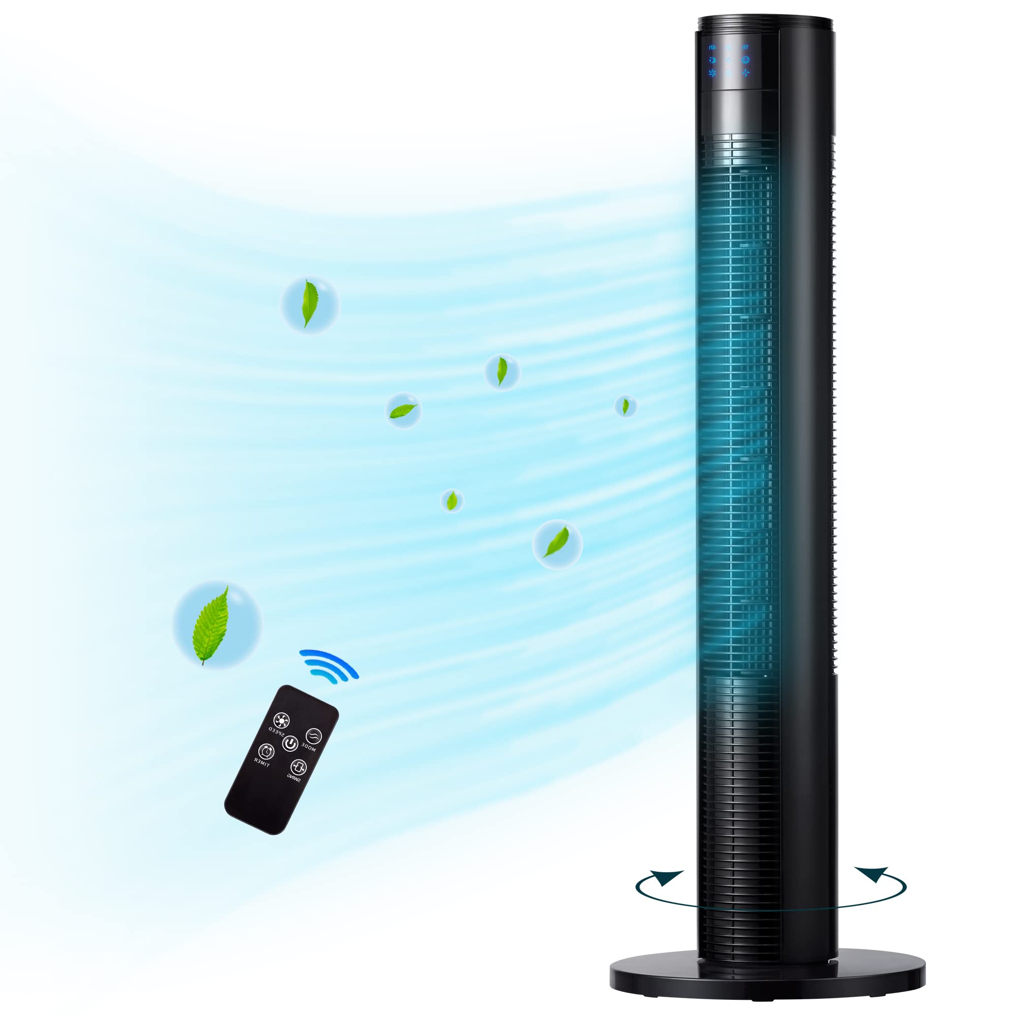 AKIRES 35” 70° Oscillating Fan 7H Timer,3 Speeds,3 Modes,Portable Electric Quiet Cooling Tower Fan Standing Bladeless Floor Fans with Remote and LED Display for Office,Bedroom, Living Room(Black)