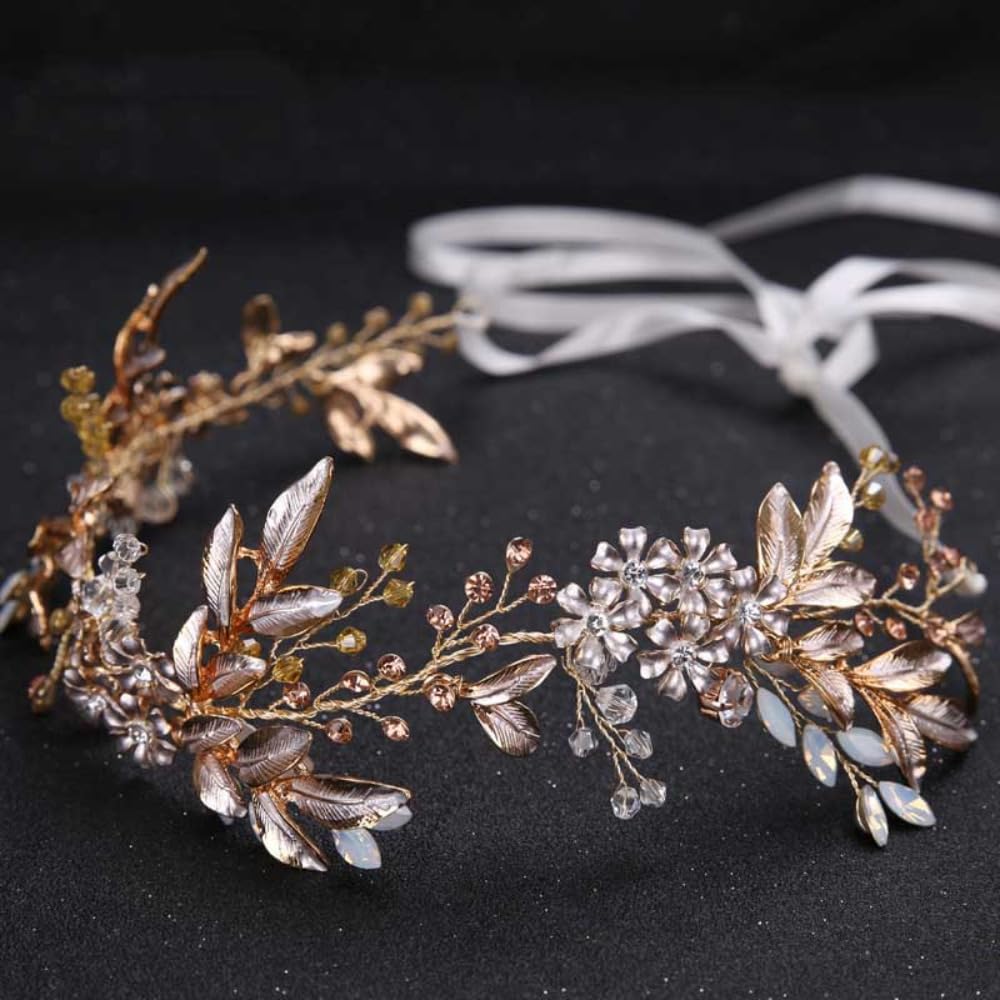 Fasce per capelli alla moda vintage con foglie bianche e fiori, fascia per capelli da sposa con nastro