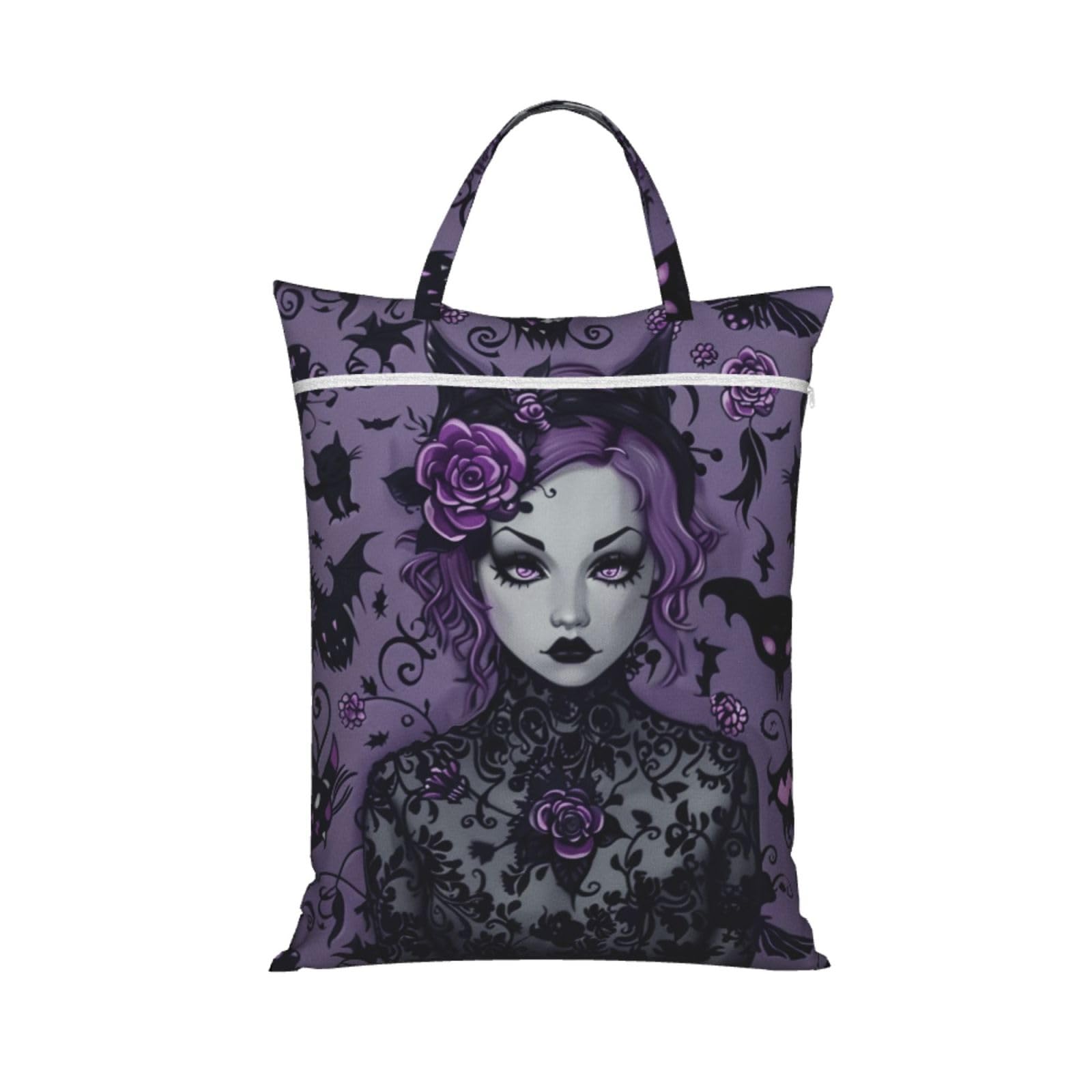Large Travel Laundry Bags,Purple Black Goth Spooky Print with Handle Foldable Laundry Bag for Holidays Gym Swimming and Family Trips, 1Pcs