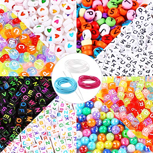 PP OPOUNT 1200 Pieces 6 Styles Letter Beads Acrylic Alphabet A-Z Cube and 2 Styles Round Beads with 3 Roll Elastic String Cord and 1 Piece Beading Needles for Necklace, Bracelet, Jewelry Making