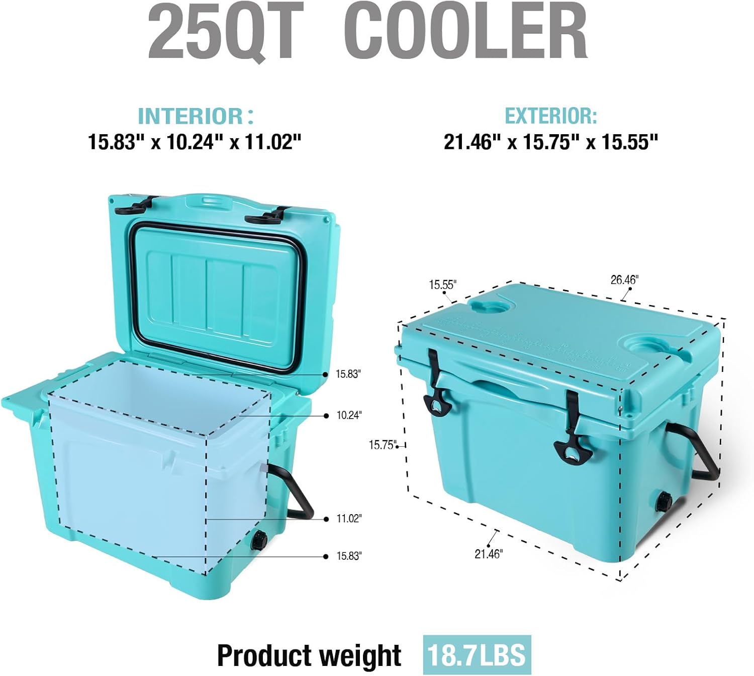 25 Quart Portable Cooler Ice Chest Box with 5-Day Ice Retention, 30 Cans Insulated Cooler with Bottle Opener,Cup Holders& Ruler- Perfect for for Camping, Beach, Fishing,Outdoor Travel