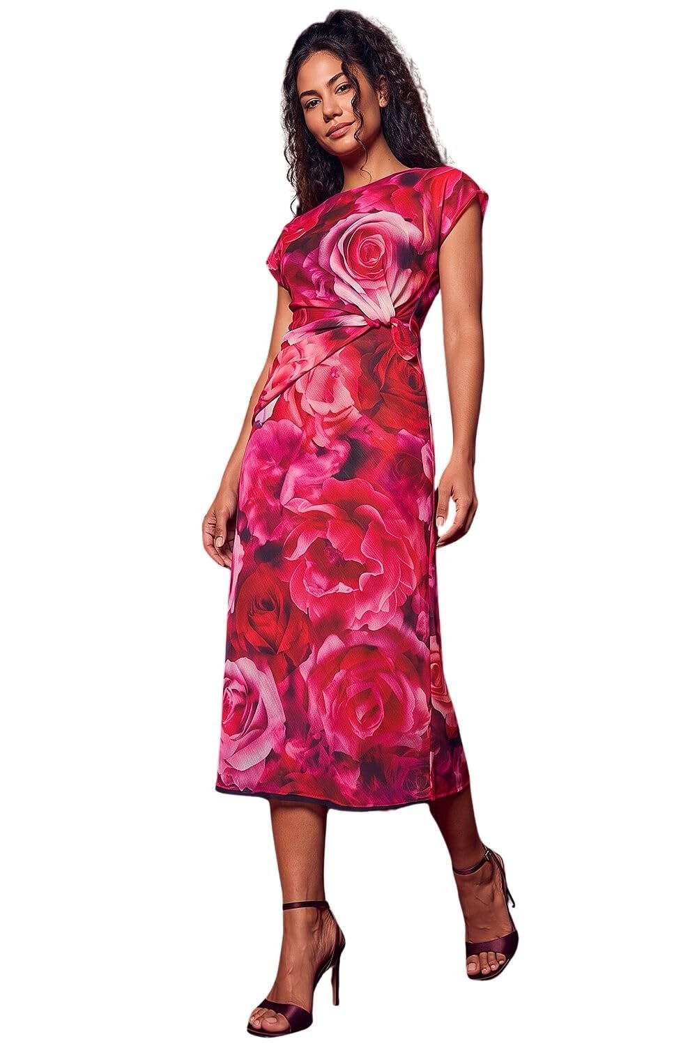 Roman Originals Floral Print Twist Detail Dress for Women UK - Ladies Everyday Autumn Winter Round Neckline Comfy Soft Evening Vacation Work Party Night Out