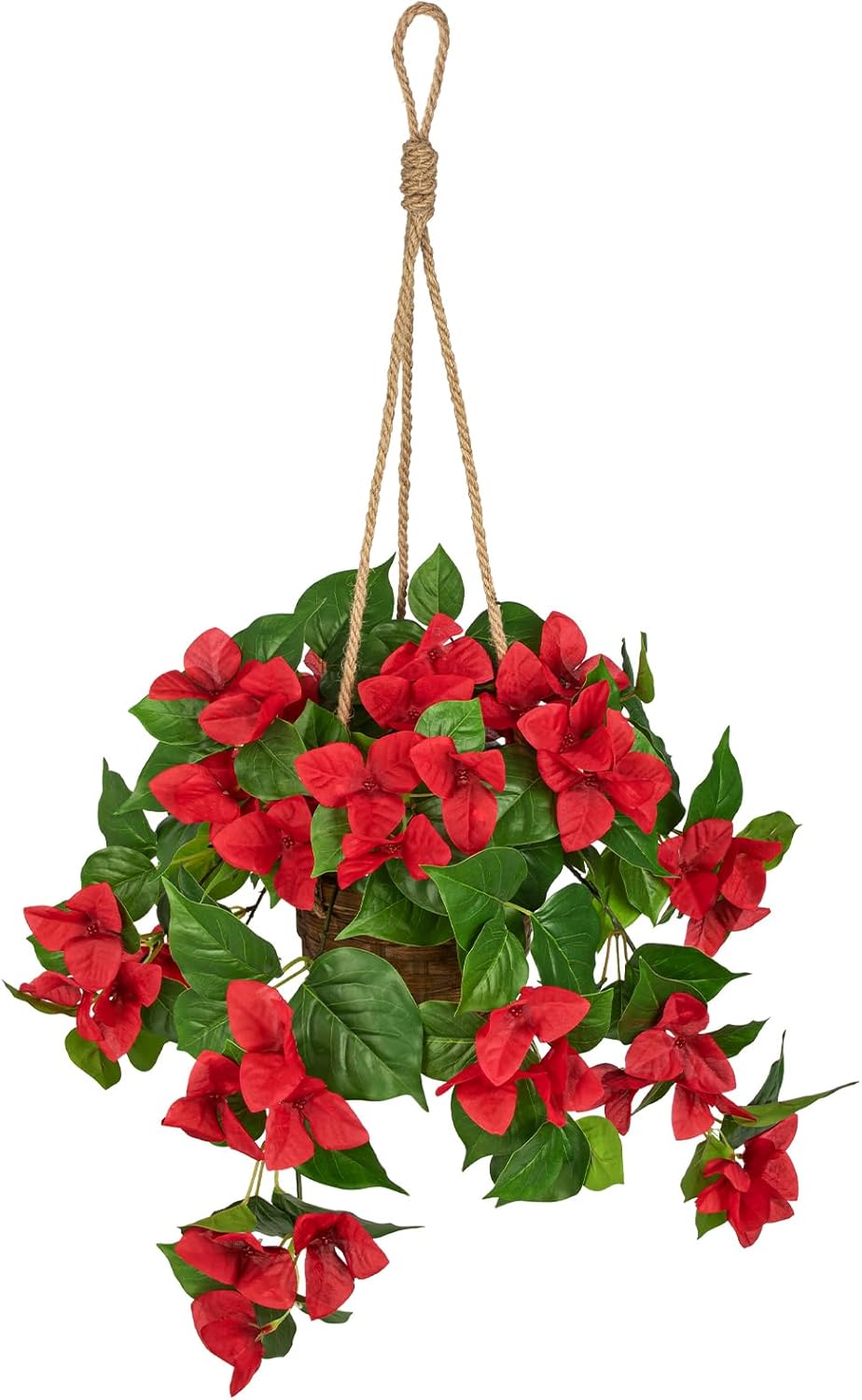 Briful Fake Hanging Basket Flowers, 27.5in Faux Red Bougainvillea Flowers in Woven Rattan Planter with Cascading Vines for Home Garden Balcony Outdoor Porch Decor