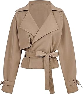 Women's Old Money Wrap Tie Belted Trench Coat Lapel Collar Double Breasted Short Outerwear