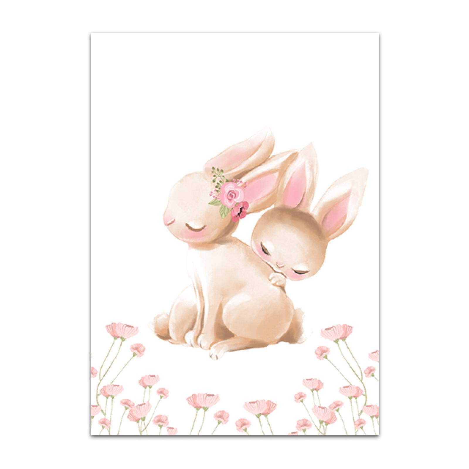 Affiche de Lapin de Noël Animal pépinière Mur Art Impression Lapin Toile Peinture Fleur Mur Photo Fille bébé Chambre décor 50x70cm (20x28in) x3 Cadre intérieur