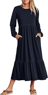 Women's Casual Long Sleeve Midi Dress 2025 Spring Crewneck A Line Tiered Flowy Loose Trendy Dresses with Pockets - Buy now