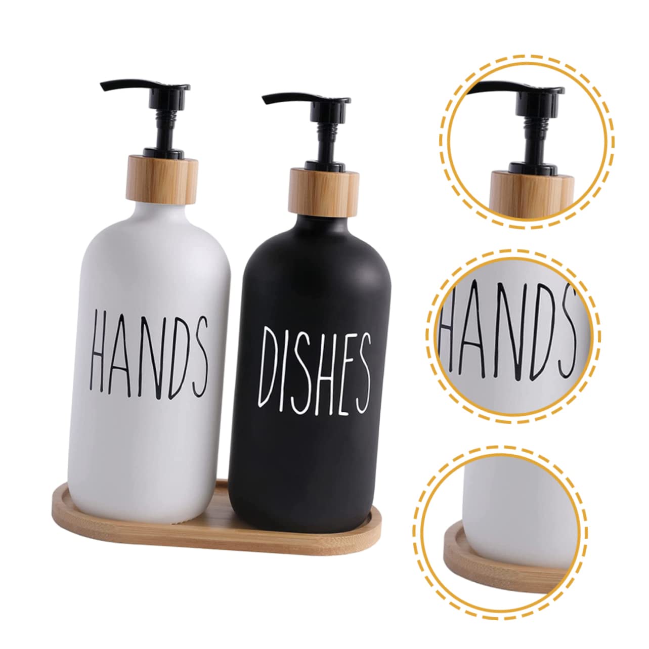 Zerodeko Distributeur de Savonnette Lot 1 Set en Verre, avec Plateau en Bois, Flacon-Pompe Rechargeable à Pression, Cuisine et Bain