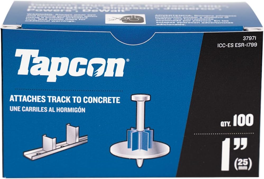 Tapcon 1 Inch Powder Actuated Drive Pin, 100 PCS, with Washer, for Concrete, Wood, & Steel Fastening, Made in the USA, Compatible with Tapcon T22, TP22, HS22, & SA27 Powder Actuated Tools