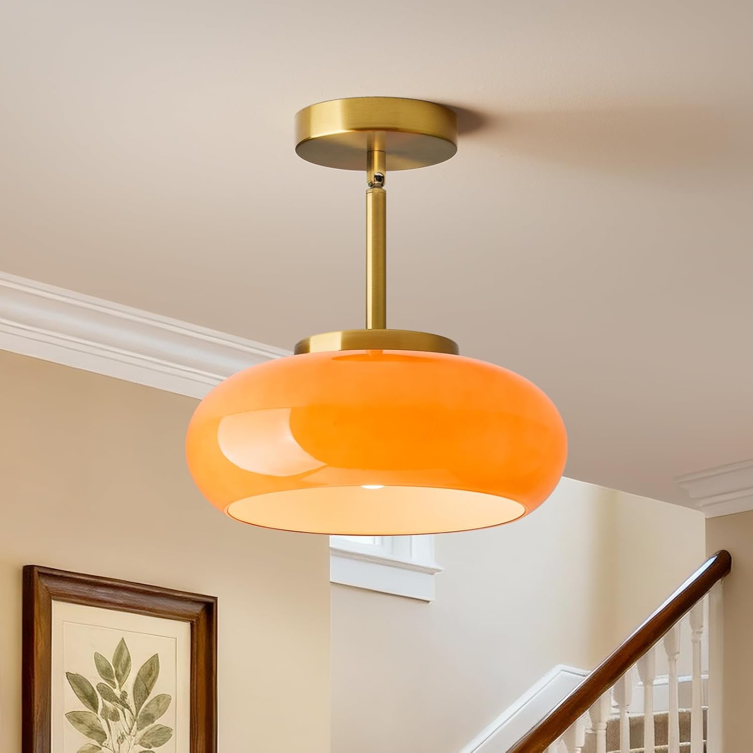 Glass Pendant Lights Kitchen Iisland，Gold Modern Ceiling Lamp with Orange Glass Shade Adjustable Mid Century Hanging Light Fixtures for Schoolhouse, Dining Room, Living Room,Sink