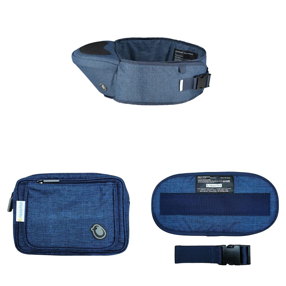 Hippychick Hipseat Baby Carrier, Lightweight Adjustable Back Supporting Waist Stool for 6-36 Months + Accessory Bag Pouch + Extension Belt, Denim Blue