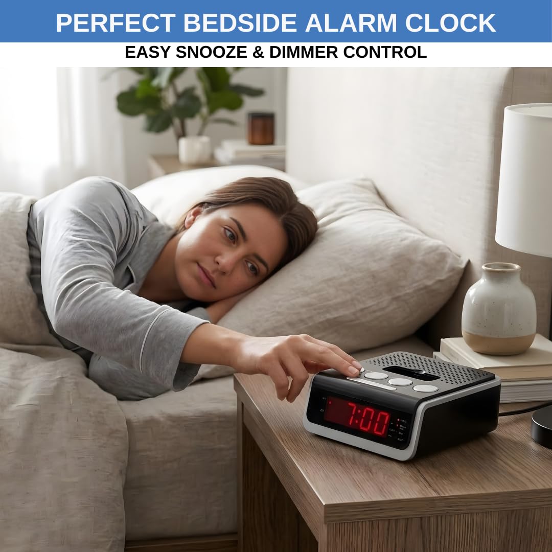 Reloj despertador digital con radio estéreo FM, pantalla LED roja, alarma dual, temporizador de repetición y sueño, entrada AUX, base de 30 pines, respaldo de batería, reloj compacto para mesita de