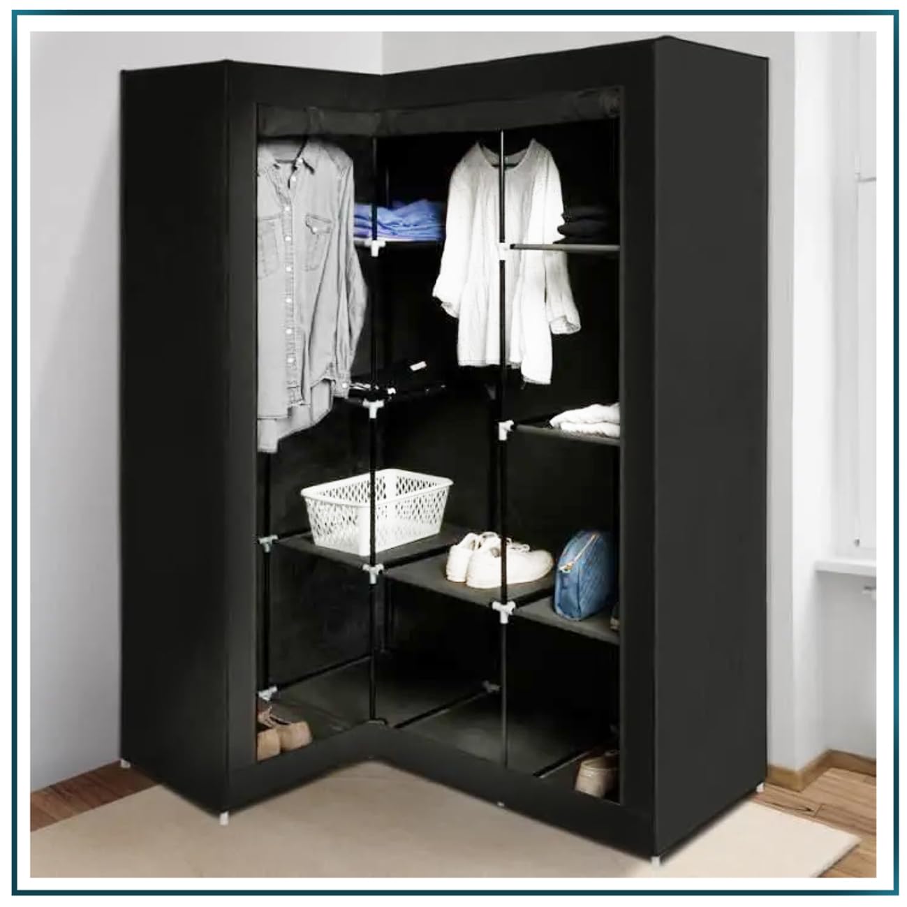 Armoire d’Angle avec Housse, Organisateur de Rangement pour vêtements en Tissu Coloris Noir - Longueur 85-128 x Profondeur 45 x Hauteur 170 cm