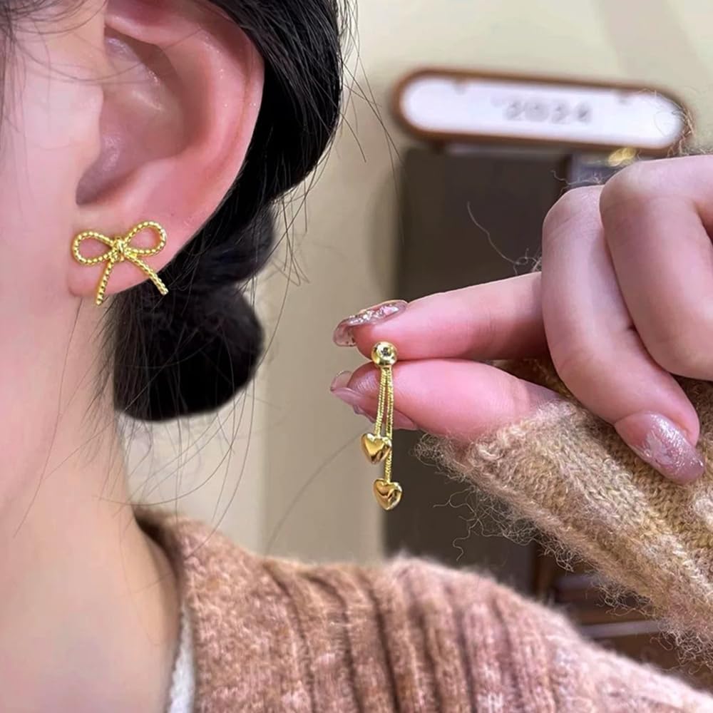 14K Gold Plated Stud Minimalist Bow Earring Trendy Dainty Cute Simple Small Bow Earrings Heart DangleJewelry Gift for Her - Image 5