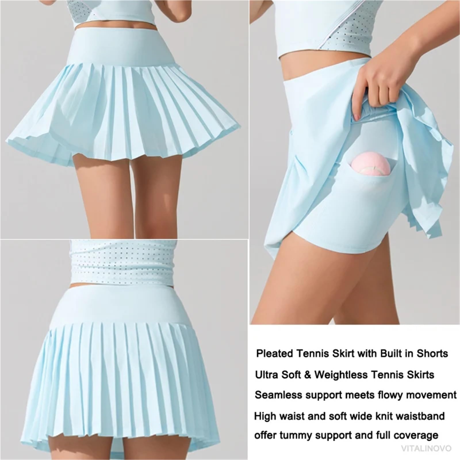 Tennisrock Damen Plissierter Tennisrock for Damen mit Taschenshorts, hoch tailliert, leicht, sportlich, Golf-Skorts, Röcke, fließend