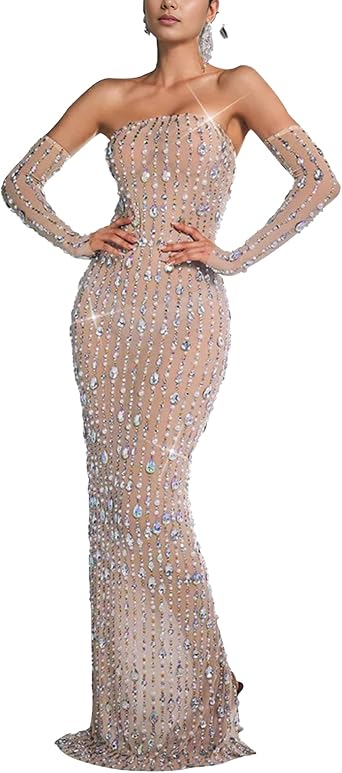 PORRCEY Womens Sexy Elegant Rhinestone Mesh Party Club Night Evening Gowns