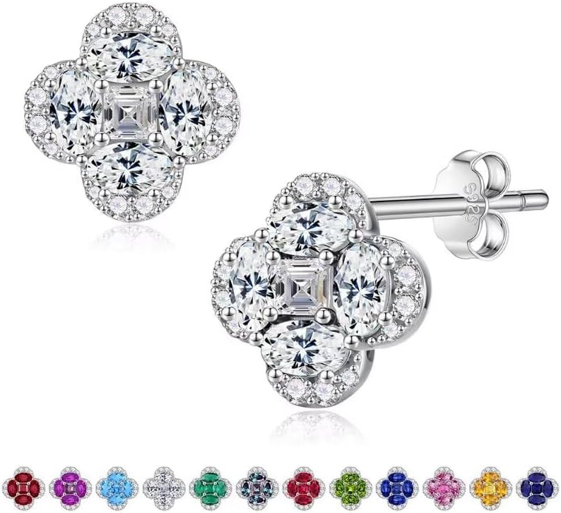 Iefil Birthstone Earrings for Women - 925 Sterling Silver Clover Earrings for Women, Anniversary Birthday Gifts for Mom Wife Girlfriend