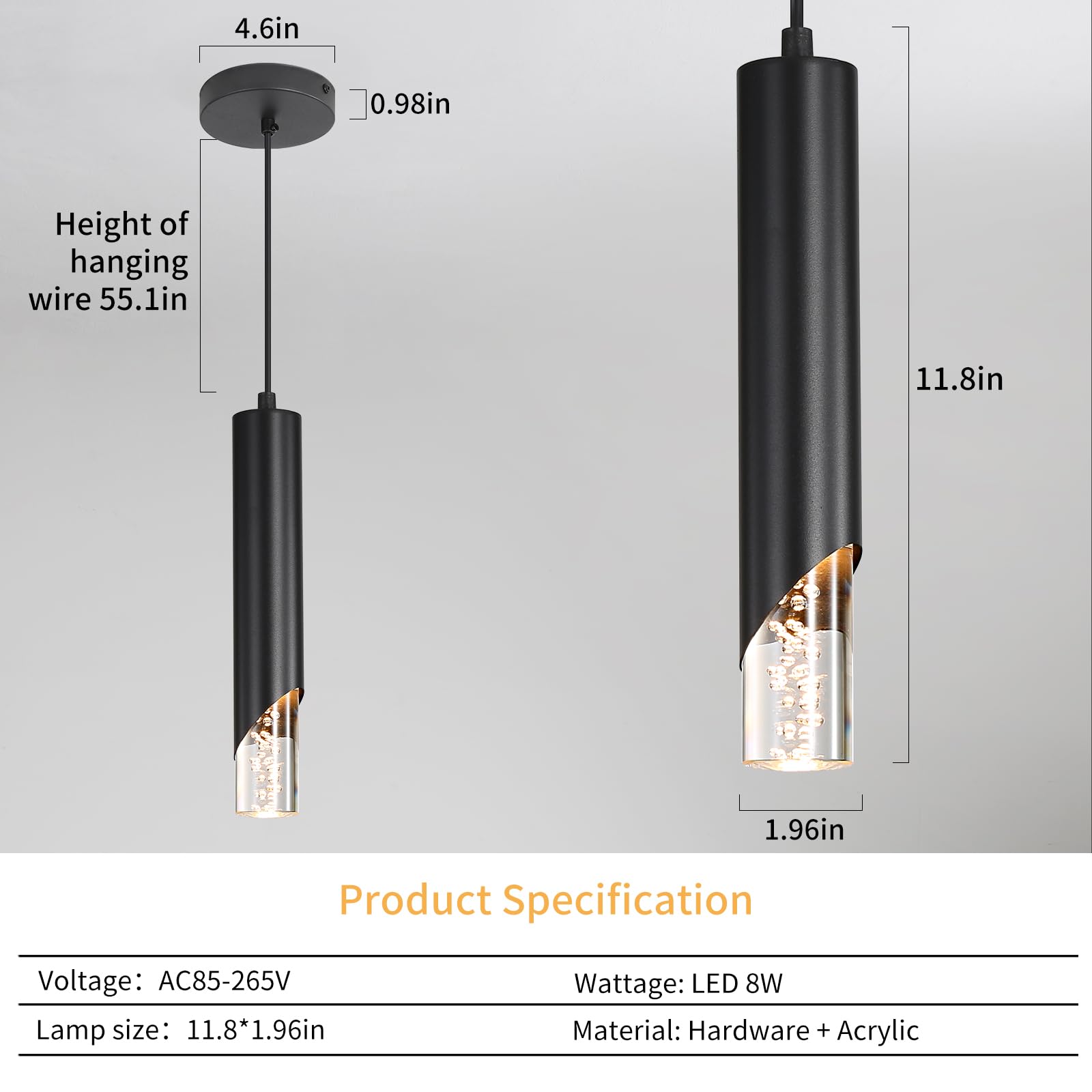 Paquete de 2 luces colgantes minimalistas para isla de cocina, lámpara colgante lineal moderna negra, acrílico de burbujas, ajustable 2700K/4500K/6500K, lámpara de techo LED para comedor, mesita de 3