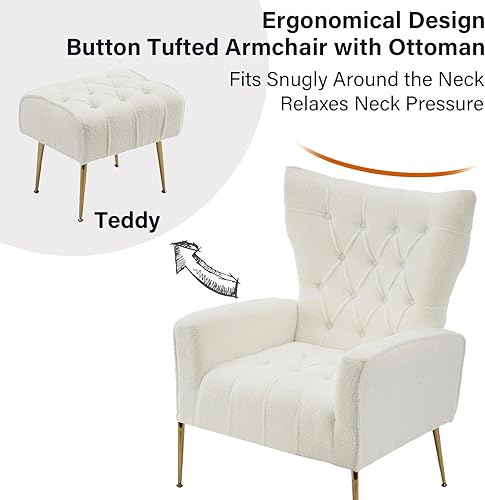 Miniatura 5 de ODUWA Silla decorativa de peluche con otomana, moderno sofá con reposabrazos y respaldo, juego de sillón y reposapiés con botones, sillón individual