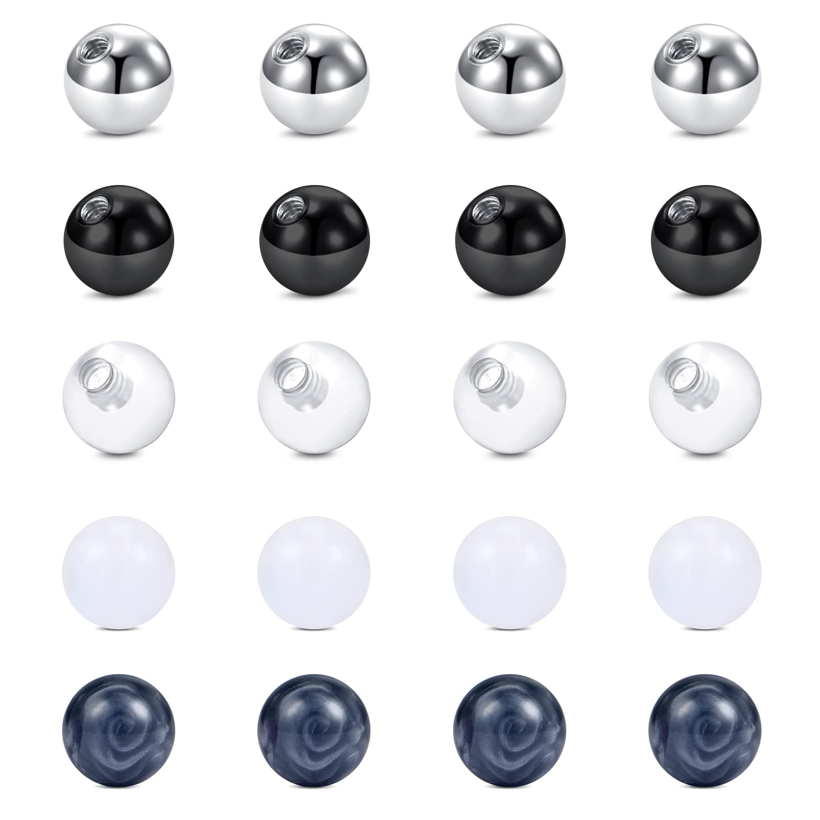 Briana Williams 20-25stk Piercing Kugel 5mm Chirurgenstahl Ersatzkugel 1.6mm Gewinde Schraubkugel Set Silber Schwarz Gold Resgold