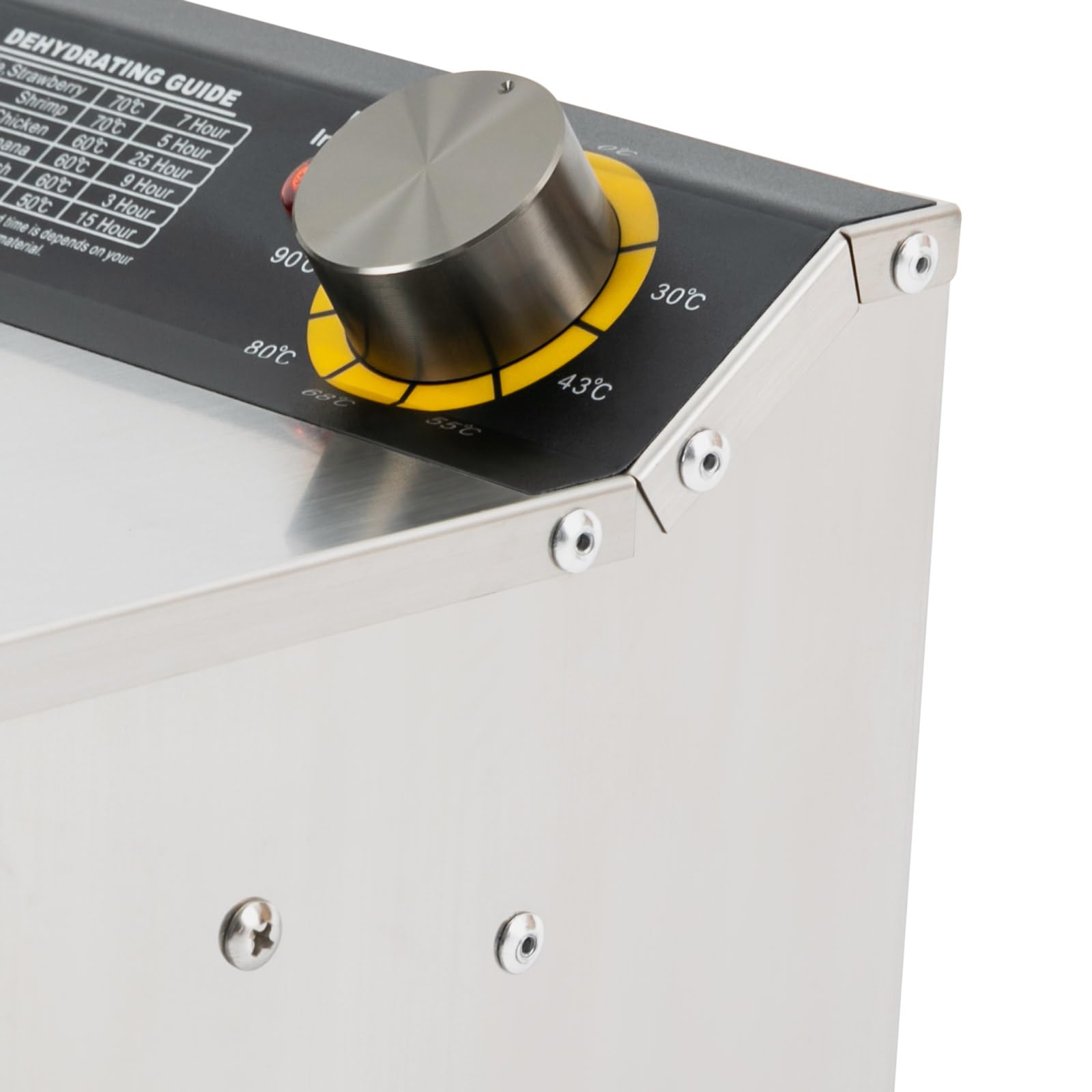 Suszarka ze stali nierdzewnej, z tackami o regulowanej wysokości, wyświetlacz LED, 400 W, 30-90°C, timer 12 h, do żywności, grzybów, owoców, mięsa, ryb, warzyw, bez BPA